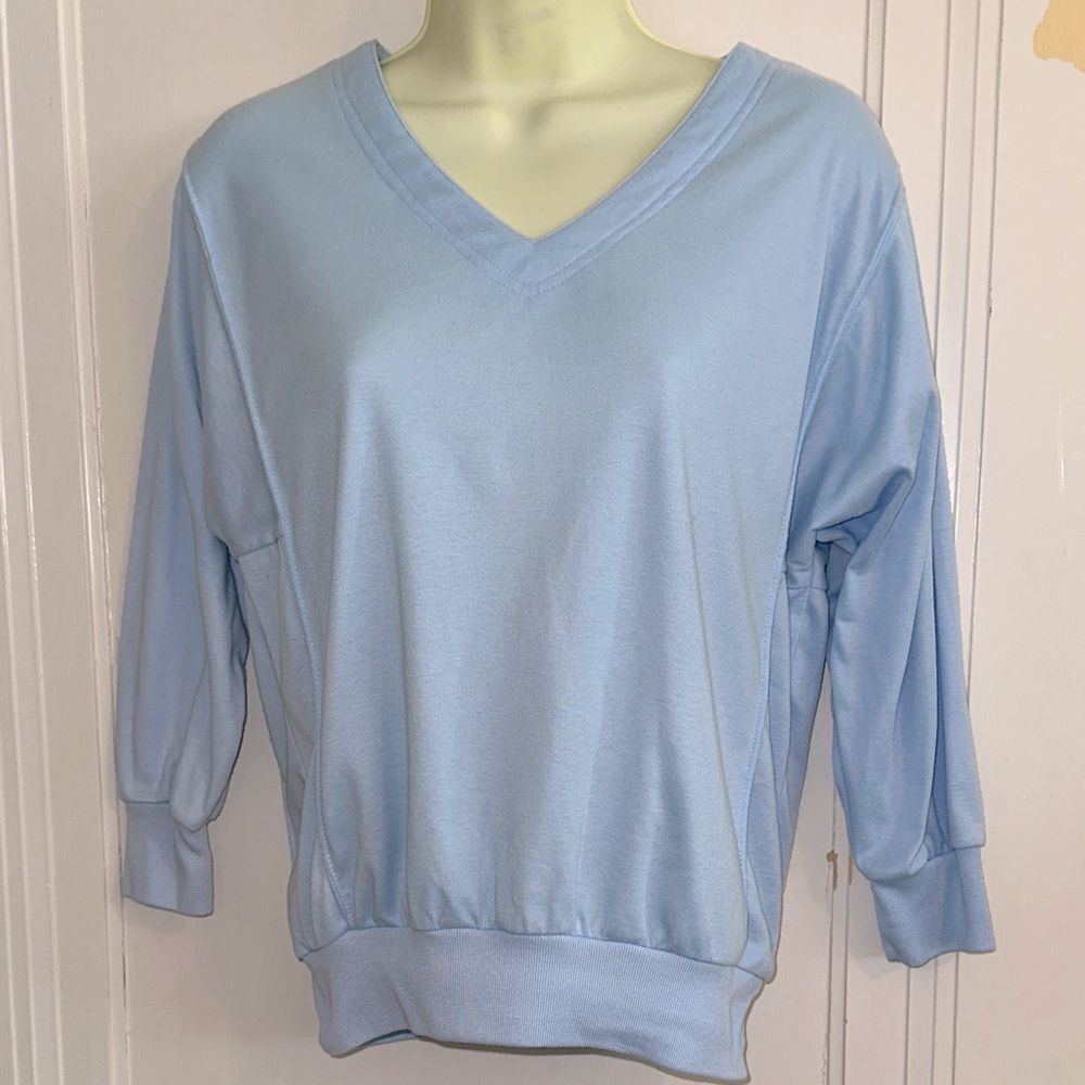 Vtg 70s/80s Sears Light Blue V Neck Polyester/Cotton Knit Top with 3/4‎ Sleeves